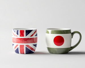 Mugs with national flag designs realistic close-up of British tea mug beside a Japanese matcha mug