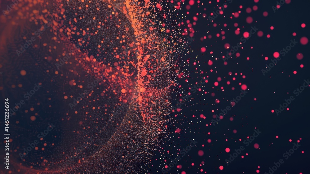 Poster abstract digital visualization with orange and red particles on a dark background. digital artwork o