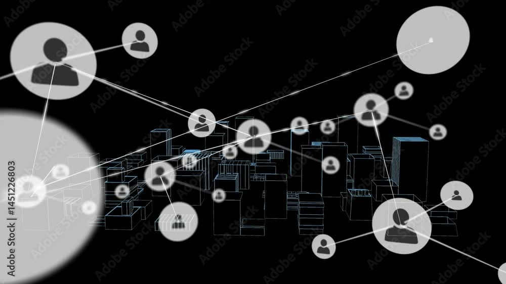 Poster interconnected user icons floating over wireframe skyline, creating glowing network web 3d render
