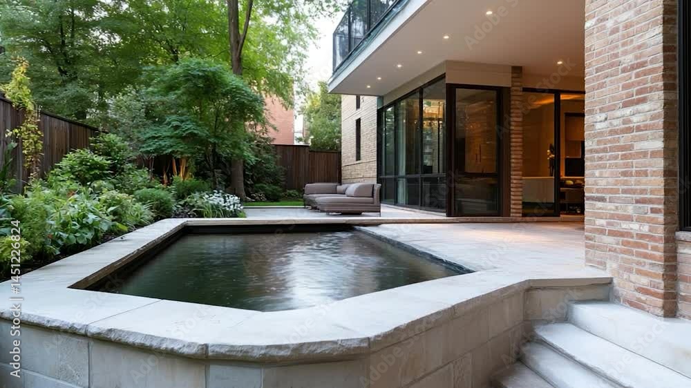 Poster exterior view of a modern home with a small pool in the foreground green garden in the background an