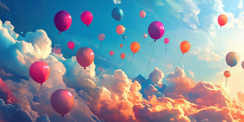 Fototapeta premium Colorful Balloons Floating in Bright Sky with Sunset Clouds and Sunlight Creating a Cheerful and Festive Atmosphere du Daytime Celebration