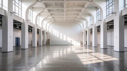 Naklejka premium Spacious White Interior with Arched Windows and Reflective Floor