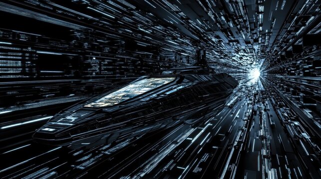Futuristic train speeds through digital tunnel