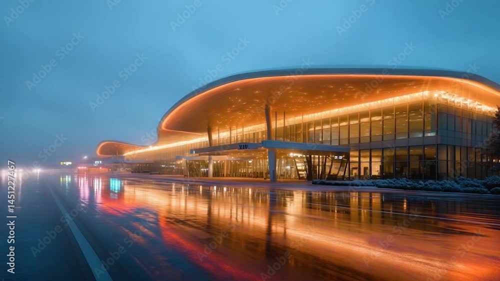 Aufkleber Generic architectural building with curved roof illuminated. Road with wet reflection. Evening sky with low visibility