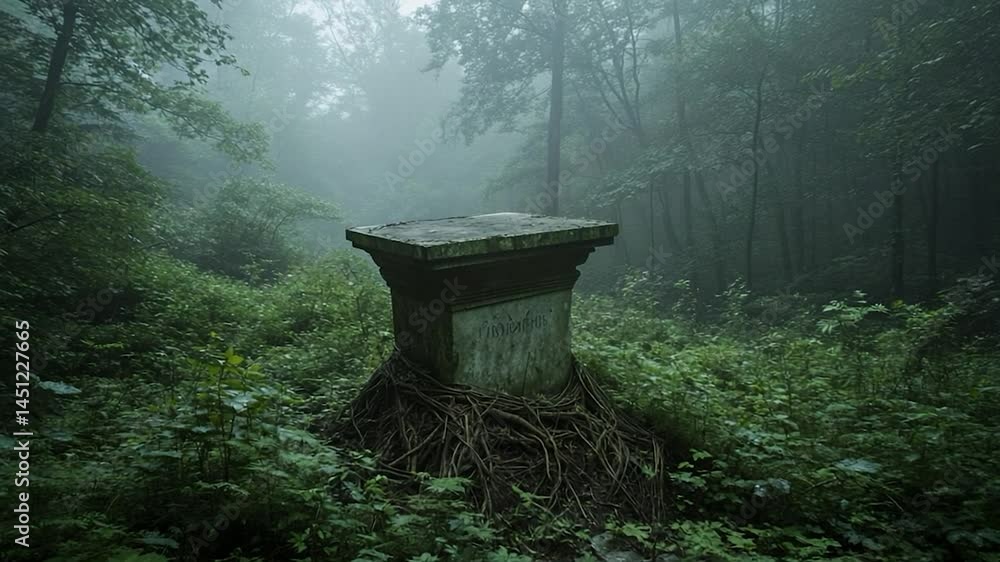 Poster generic stone monument surrounded by lush green vegetation within a dense, misty forest with a myste