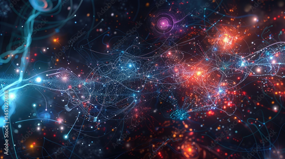 Poster abstract art of digital network with glowing nodes and colorful lights. digital artwork of glowing n