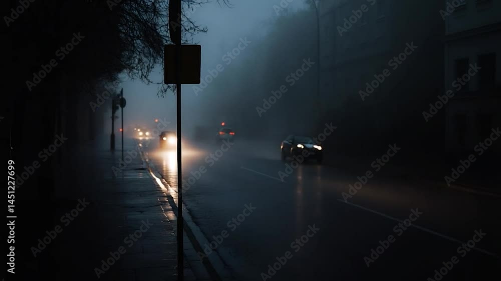 Poster a dark and misty street scene featuring car headlights cutting through the fog, creating a moody atm