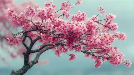 Celebrate spring as delicate cherry blossom tree adorned with soft pink flowers against clear sky