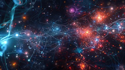 Fototapeta premium Abstract art of digital network with glowing nodes and colorful lights. Digital artwork of glowing networking lines. Technology innovation and data visualization concept for wallpaper, banner. AIG53.