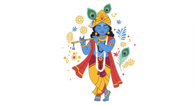 krishna playing flute, colorful, flat style clip art preview