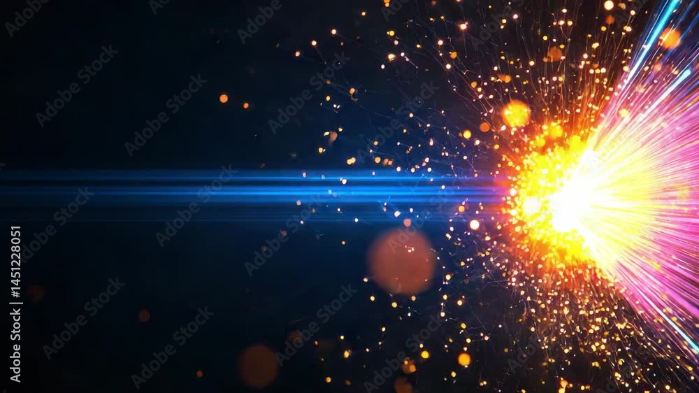 Poster bright colorful explosion with glowing particles and light beams creating dynamic energy