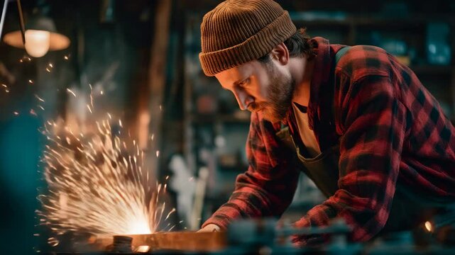 Craftsman Focused on Metalworking Process Creating Sparks in Workshop with Vintage Tools