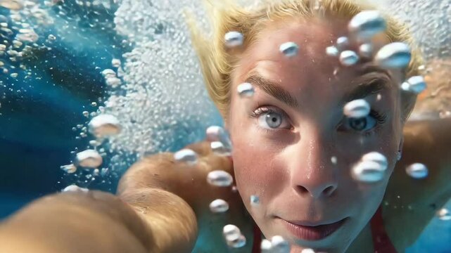 Dynamic Underwater Portrait of Young Woman Smiling Amidst Bubbles in Clear Blue Water