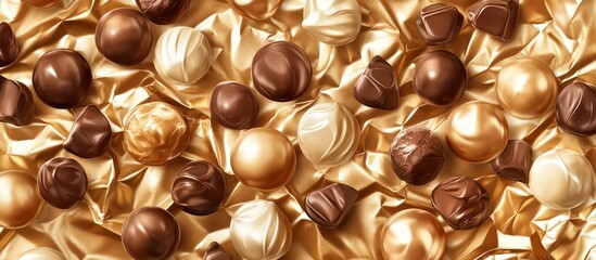 Luxurious chocolate assortment background with golden wrapping, showcasing a delicious and festive treat