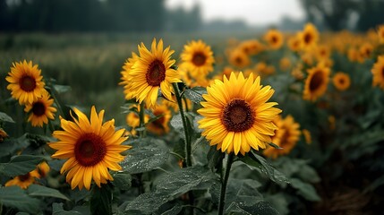 Fototapeta premium Field of bright yellow sunflowers swaying under gentle breeze beneath expansive cloudless summer sky panorama