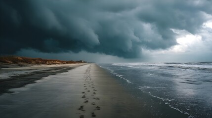 Create Moody Coastal Scene With Dark Clouds Swirling Above Deserted Beach For Dramatic Weather Illustration