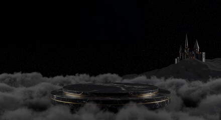 Elegant Black Marble Podium Floating on Velvet Clouds Under a Starlit Night Sky