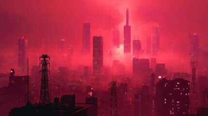 Cyberpunk City at Dusk with Red Glow, Futuristic Energy Grid, and Glowing Haze Transparent Background