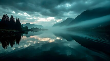 Fototapeta premium Morning fog blending into dark clouds over lake creating landscape perfect for serene nature photography