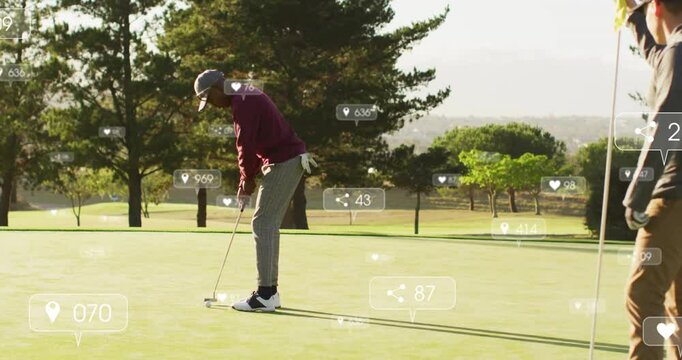 Male golfer lining up putt near flagstick, showcasing sports marketing with social media icons