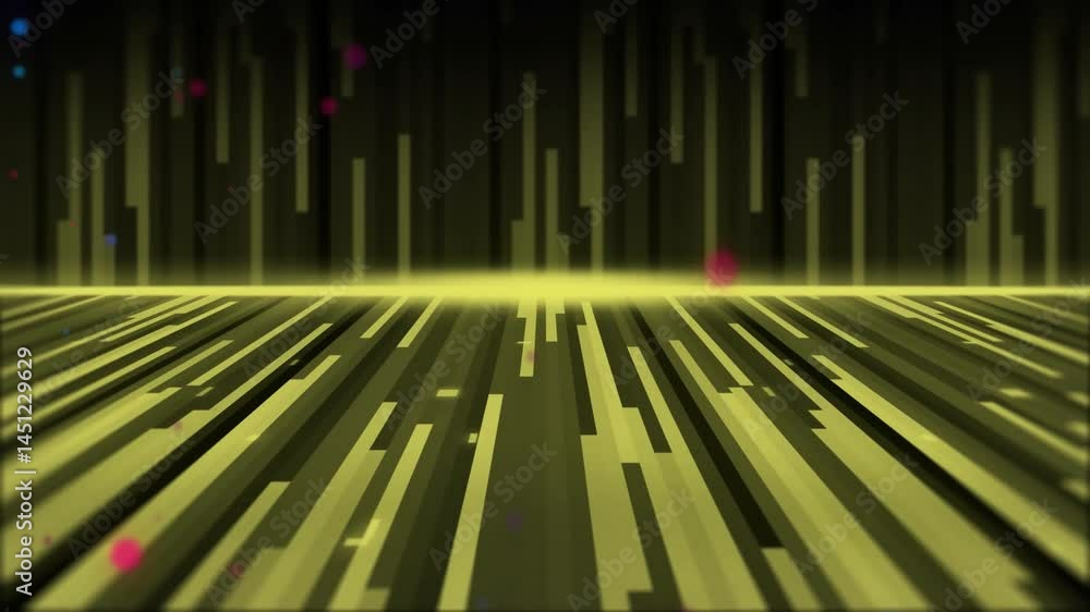 Poster animating 3d grid of yellow bars converging to glowing horizon with floating magenta-blue particles