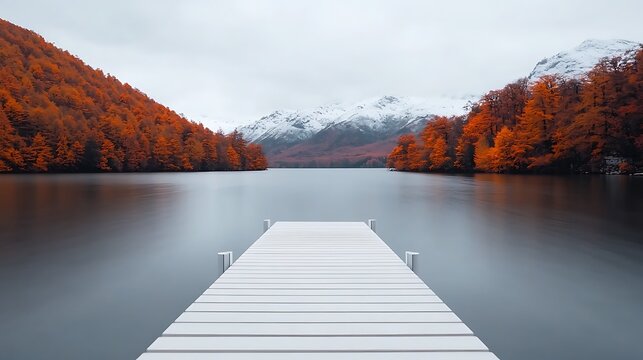 Serene Autumn Lake with Wooden Pier and Snowy Mountains - Powered by Adobe