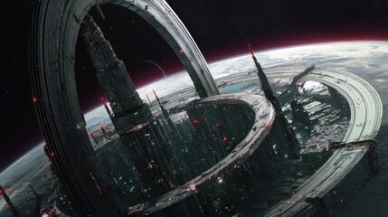 Cyberpunk Planetary Ring City with Artificial Structures Encircling a Planet Transparent Background