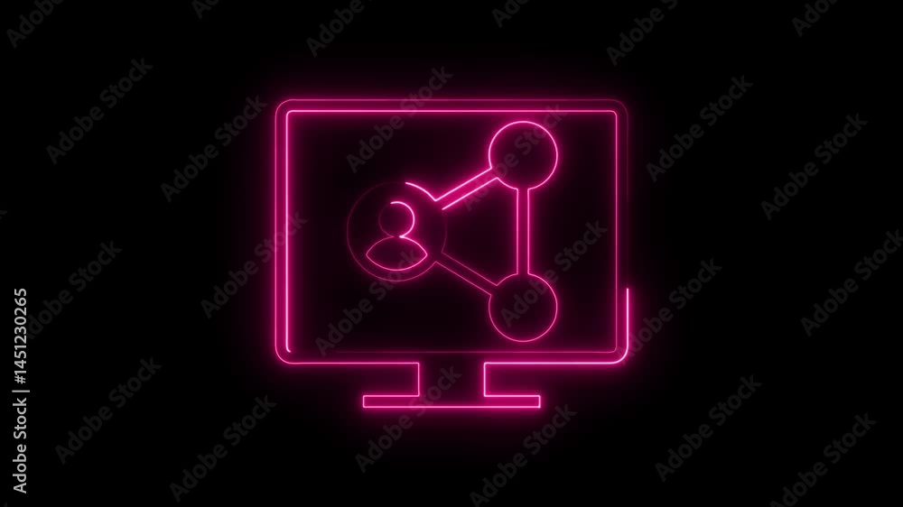 Poster glowing neon computer displaying social network connection on black background