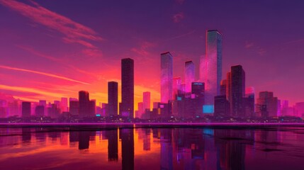 Fototapeta premium Cyberpunk Sunset Skyline with Holographic Buildings and Vibrant Neon Atmosphere Transparent Background