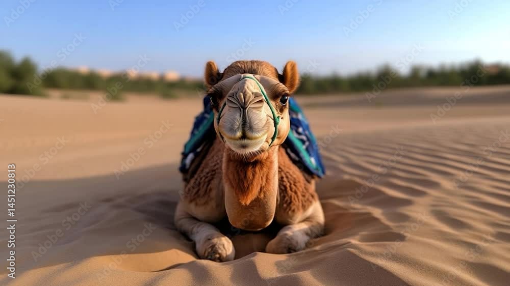 Aufkleber close-up of a resting camel in the desert. the camel is adorned with a decorative blanket. the image