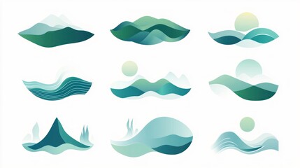 Abstract nature icons, mountain, sea, sun