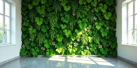Lush Green Vertical Garden Wall in a Bright Room with Sunlight Streaming Through Windows
