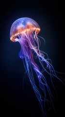 Bioluminescent jellyfish in dark ocean with glowing colors and negative space above