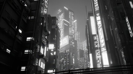 Monochrome Cyberpunk City with White Neon Lights and Sleek Minimalistic Buildings Transparent Background