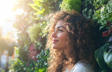 Woman immersed in beauty of nature, smiling with joy as she connects with vibrant life of a vertical garden. Surrounded by sunlight and fresh greenery.