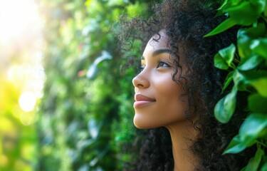 Woman immersed in beauty of nature, smiling with joy as she connects with vibrant life of a vertical garden. Surrounded by sunlight and fresh greenery.