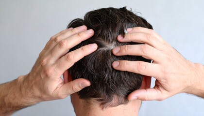 Man Examining Flaky Scalp With Dandruff Close Up View
