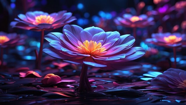 "Vibrant Neon Flowers Illuminated by Ultraviolet Light"