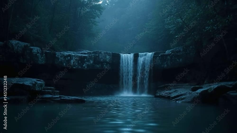 Fototapete a tranquil scene showcases a waterfall cascading into a pool amidst a misty forest. the image is dom