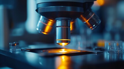 Close-Up of Microscope Lens Illuminating Specimen on Glass Slide in Laboratory Setting