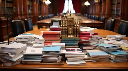 Image of cluttered German policy desk