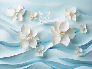 Obraz premium A 3D composition of white pastel paper flowers over soft blue wave-like layers, evoking a calm and dreamy atmosphere.