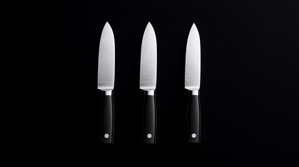 Set of Three Kitchen Knives on Black Background