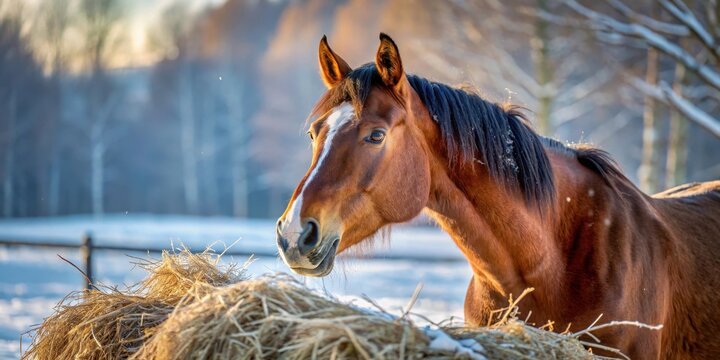 Arabian horse eating hay on a cold winter morning, arabian horses, harsh conditions