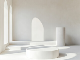 A soft neutral minimalist scene featuring cylindrical podiums in natural light and shadow.