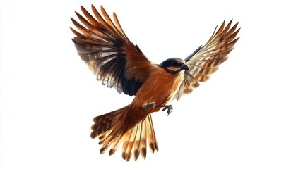 Obraz premium Bird in flight with brown and orange plumage against a white background