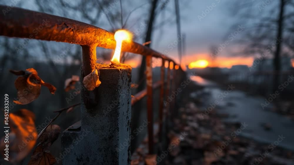 Poster A low angle view of candle on a weathered railing at dusk. The scene evokes a moody atmosphere with cool tones and a vibrant sunset