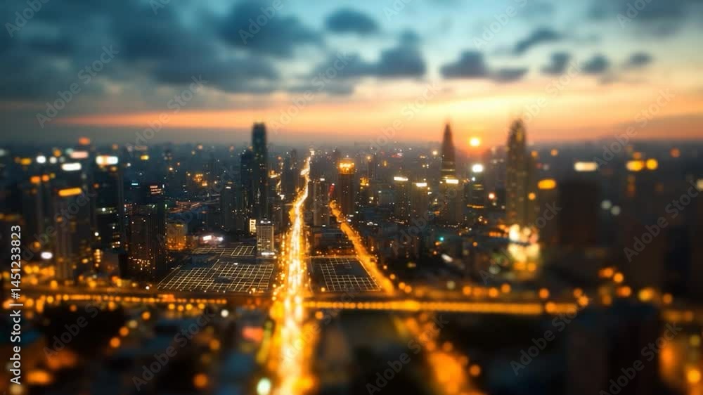 Aufkleber aerial view of a city skyline at dusk showcases illuminated buildings and roads against a gradient s