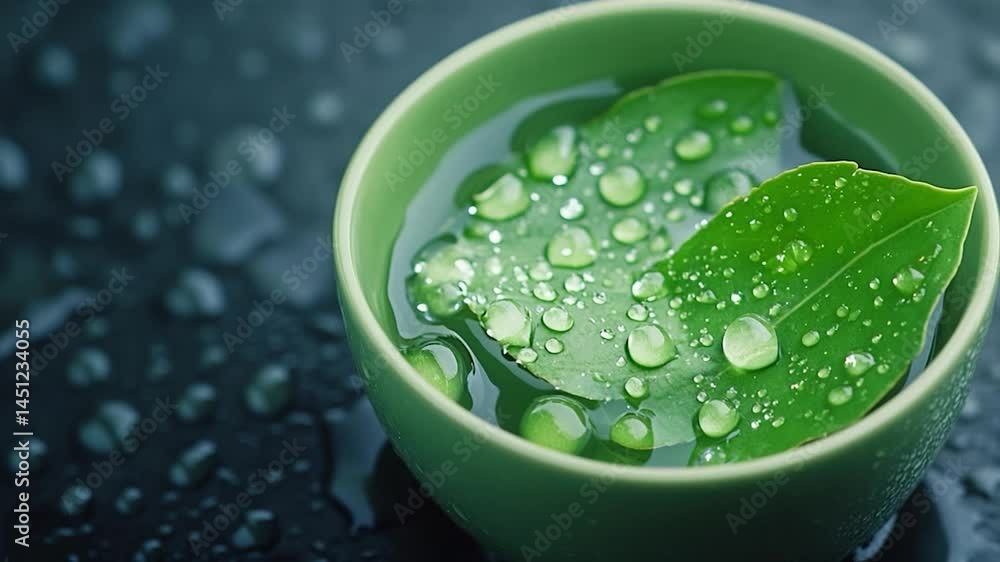 Aufkleber close up of green cup with water and fresh leaves with water drops on a wet surface creating serene 