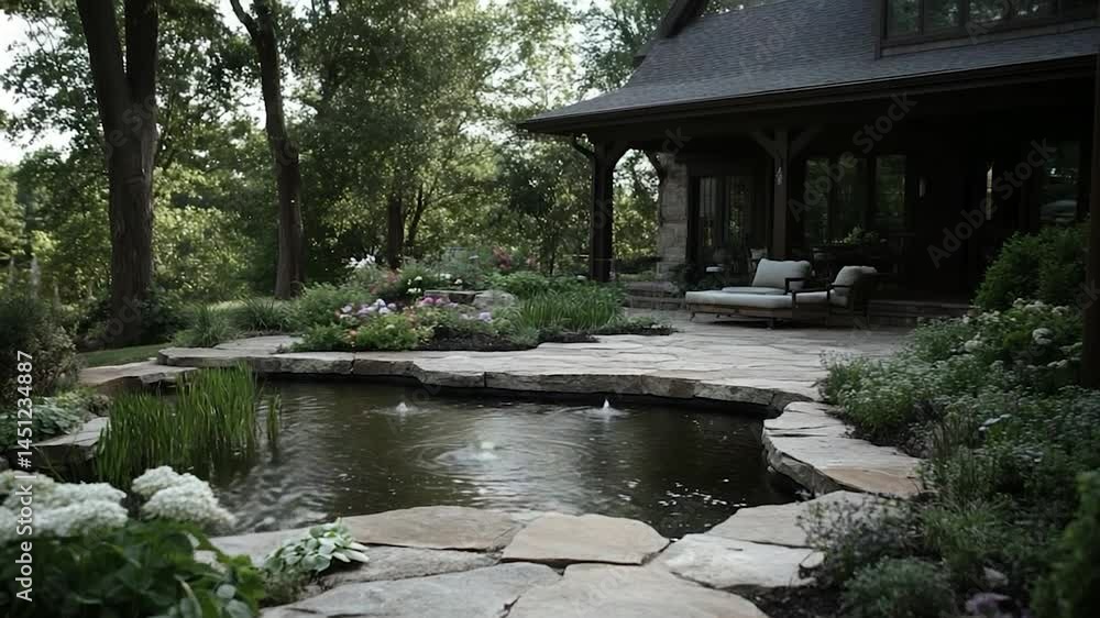 Poster a tranquil outdoor scene with a stone-lined pond featuring fountain jets is shown. landscaping and a